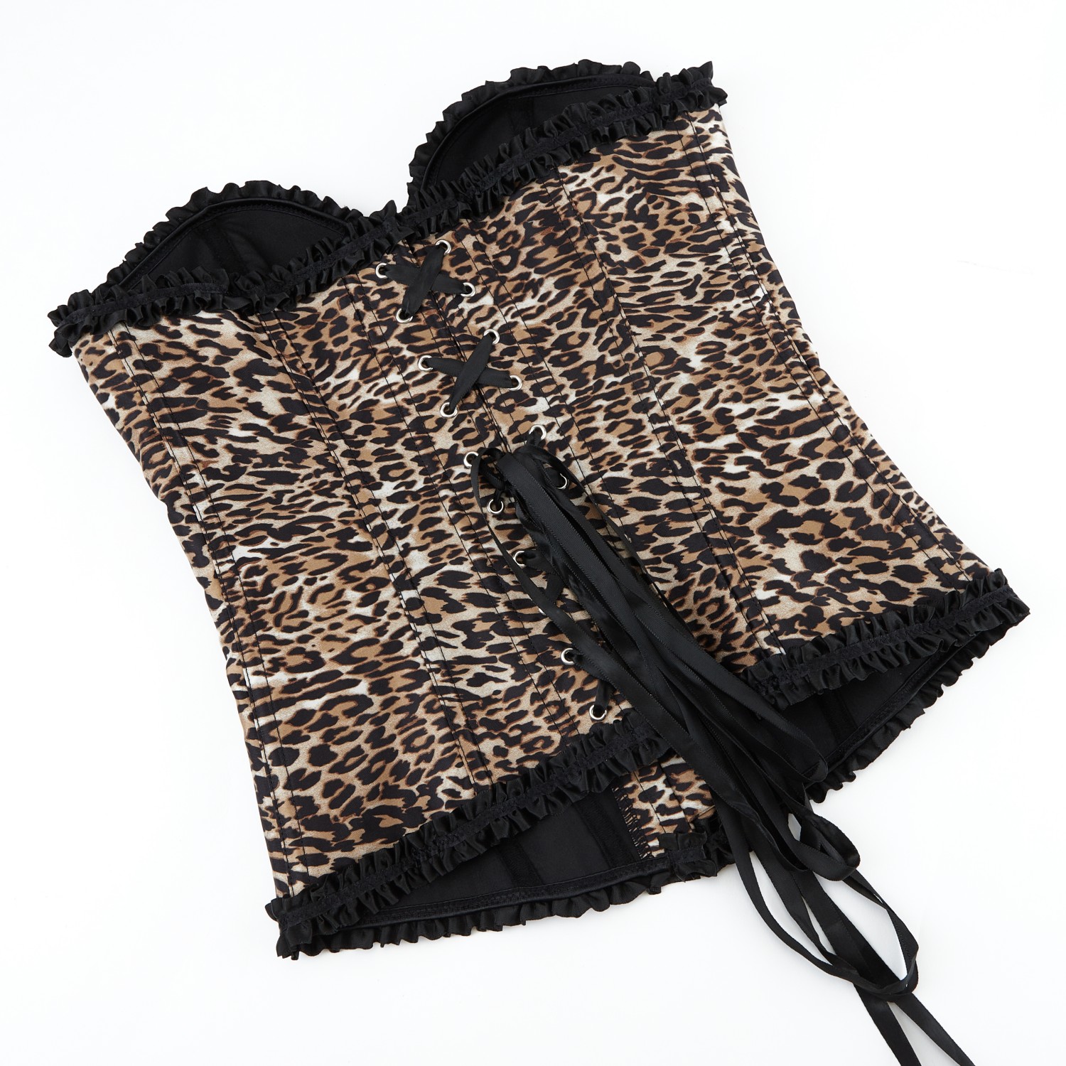 Leopard Print Overbust Corset  Ruffles Trim Sexy Bodices Bustier Tops Burlesque
